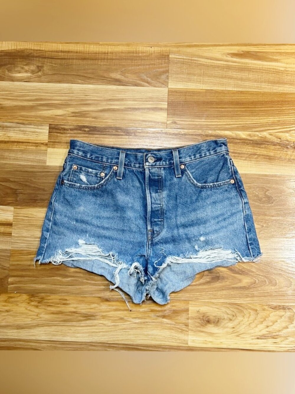 Levis Premium 501 Distressed Denim High Rise Button Fly Cut Off Jean Shorts~29~